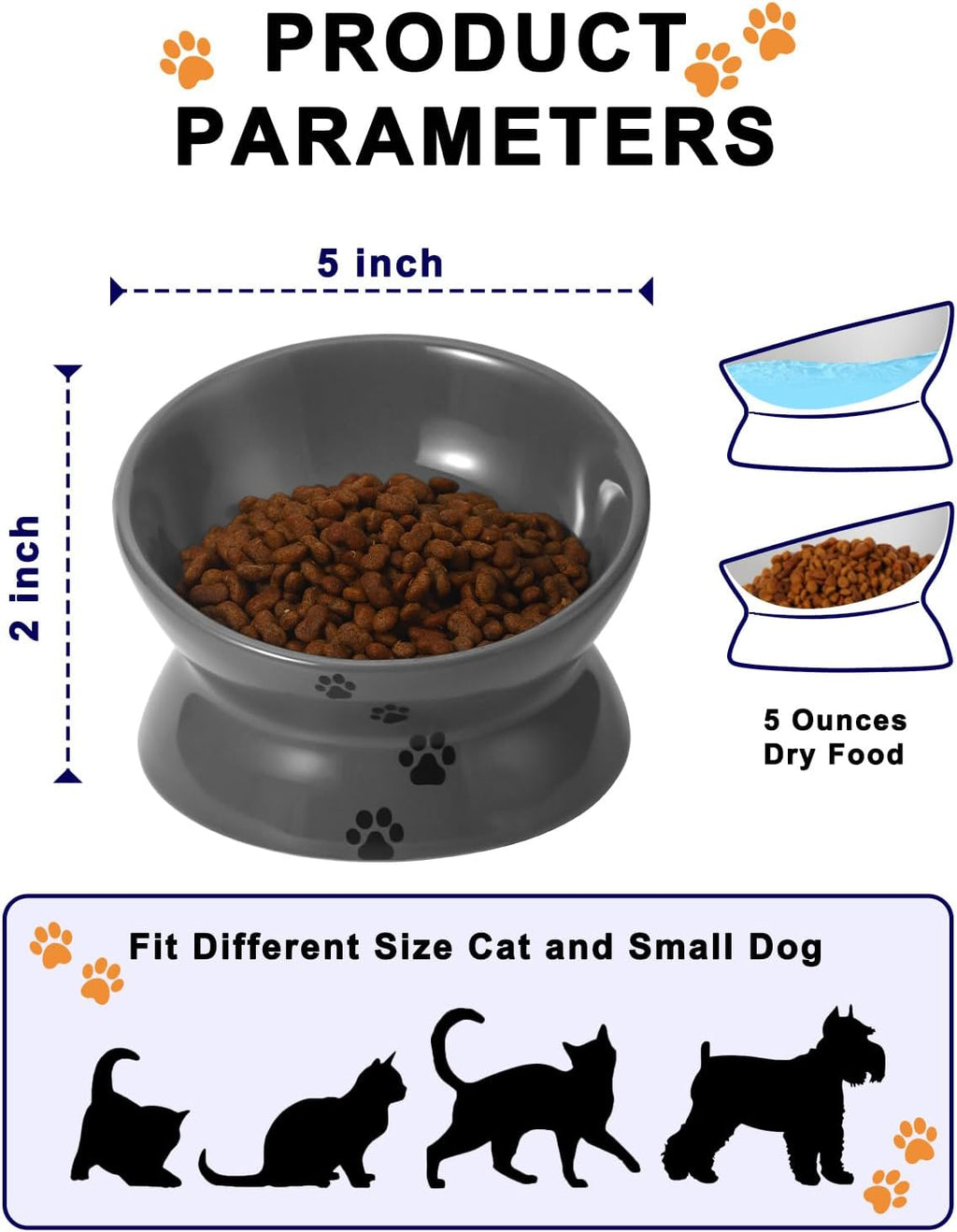 Raised Cat Food Bowl, Ceramic Elevated Bowl, Protects Cat'S Spine, anti Vomiting, Backflow Prevention, Grey
