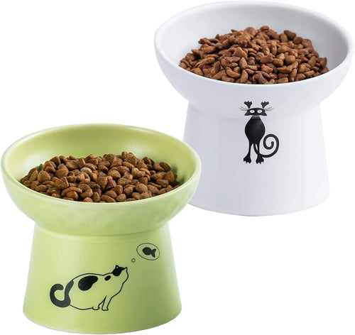Ceramic Raised Cat Bowls, Tilted Elevated Cat Food Water Bowl Set, Porcelain Stress Free Pet Feeder Dish for Cats and Small Dogs, Dishwasher and Microwave Safe - White & Fruit Green, Set of 2