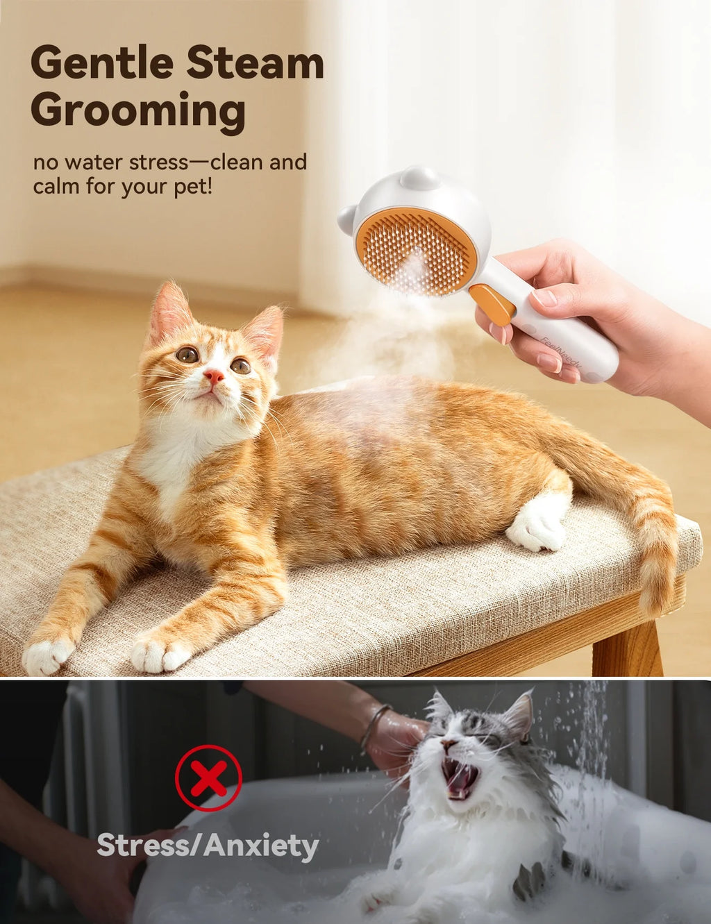 3 in 1 Cat Brush, Cat Steam Brush for Shedding & Grooming Tool, Self-Cleaning Slicker Brush for Indoor Cats, Pet Hair Removal Comb with Release Button for Long Short Haired Cats Dogs