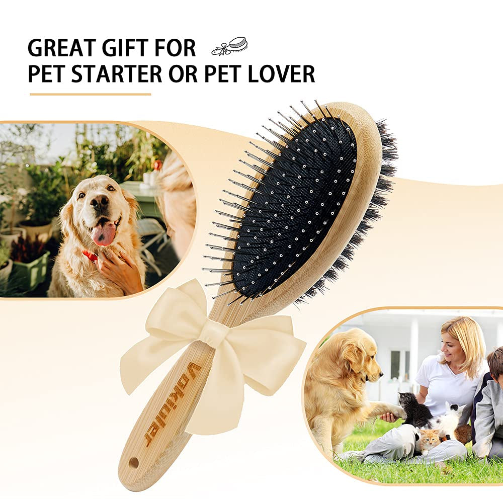 Double Sided Dog and Cat Brush - Bristle and Pin for Grooming, Real Boar Bristle with Bamboo Handle for Long Short Hair, 4 Pack Comb, Black+Yellow