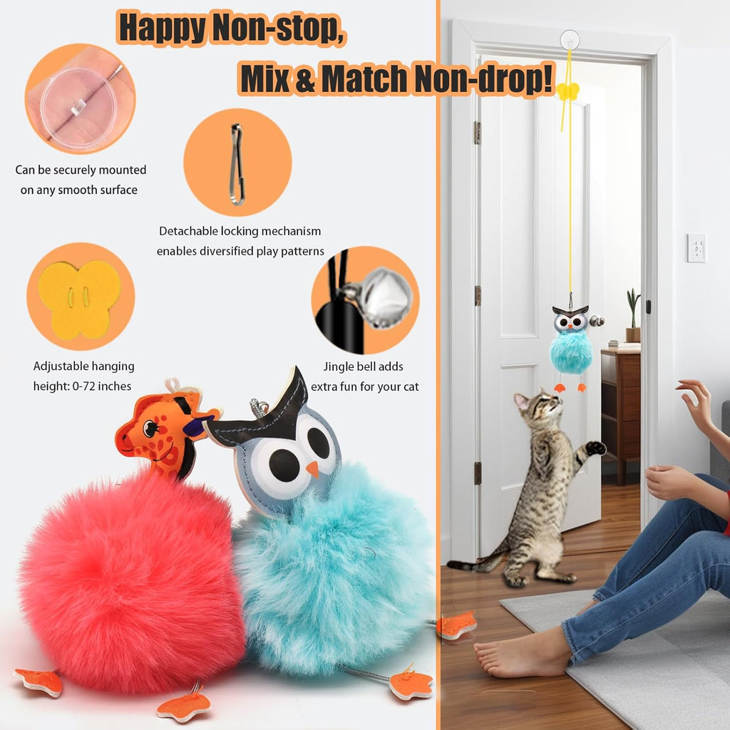4-In-1 Interactive Cat Toys Set with Suction Cup Wand, Hanging Cat Toys, Fishing Pole Cat Wand & Kitten Balls- Includes Variety Replaceable Worms, Feathers for Indoor Bored Cats for Exercise