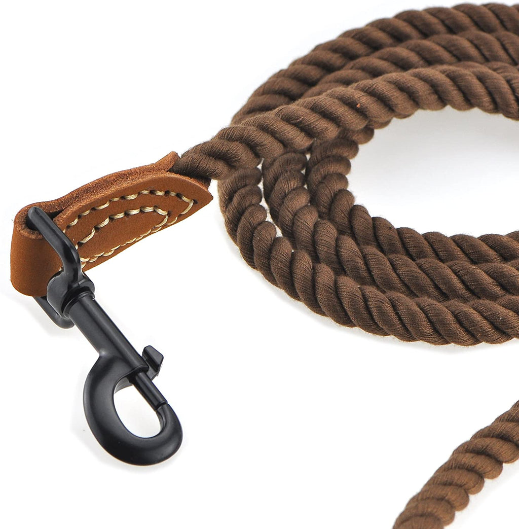 Dog Leash, Braided Cotton Rope Leashes with Leather Tip - Heavy Duty Metal Clasp, 4FT, 1/2" Thick - Wedding, Walking & Training Leash for Small Medium Large Dogs (Dark Brown)