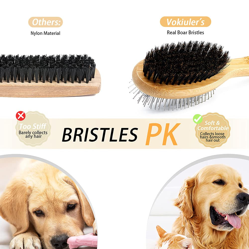 Double Sided Dog and Cat Brush - Bristle and Pin for Grooming, Real Boar Bristle with Bamboo Handle for Long Short Hair, 4 Pack Comb, Black+Yellow