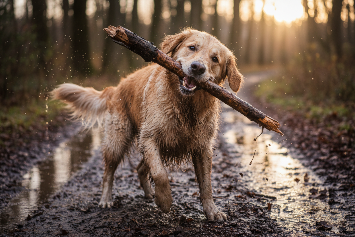 A super happy wet and muddy Golden Retriever with a stick