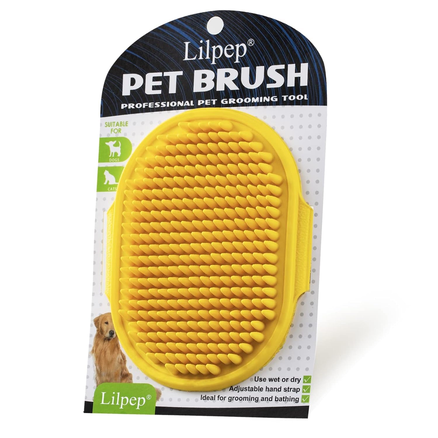 Dog Grooming Brush,  Pet Shampoo Bath Brush Soothing Massage Rubber Comb with Adjustable Ring Handle for Long Short Haired Dogs and Cats (Yellow, Pack of 1)